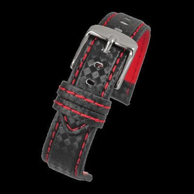 22mm Premium Black Carbon Fibre Reloj Strap with Red Stitc