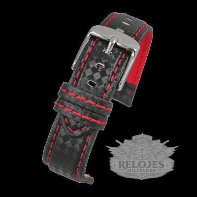 22mm Premium Black Carbon Fibre Reloj Strap with Red Stitc